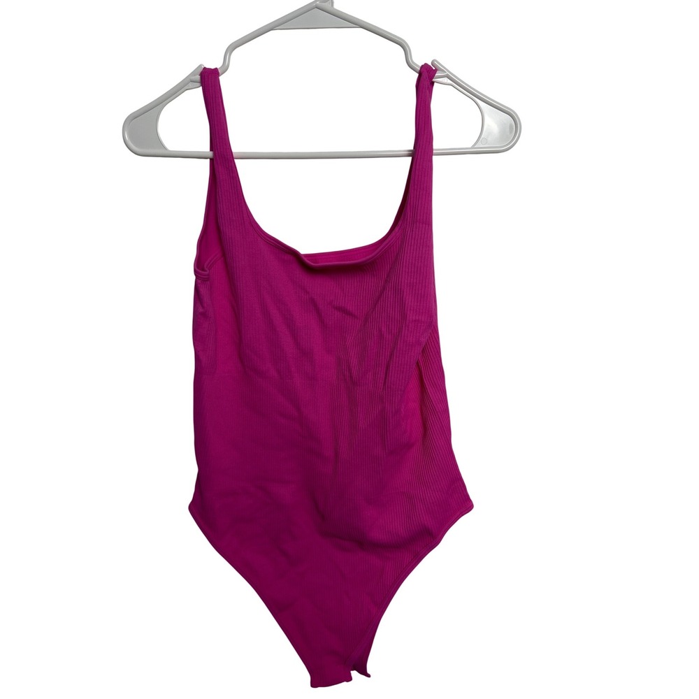 OQQ Womens Ribbed Knit Bodysuit Hot Pink Scoop Neck Tank Sleeveless L